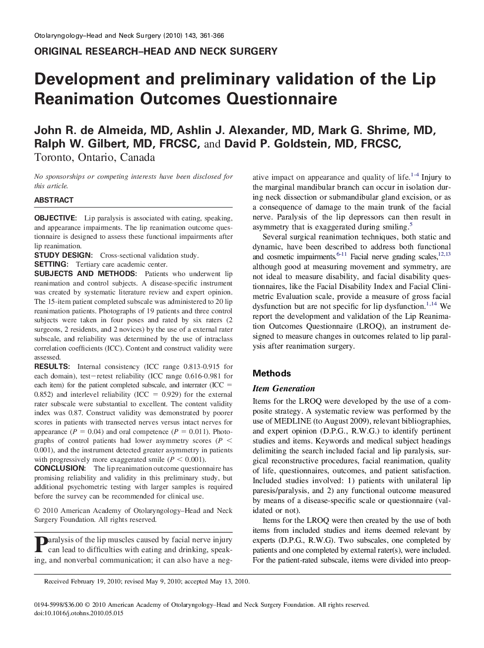 عکس صفحه اول مقاله: Development and preliminary validation of the Lip Reanimation Outcomes Questionnaire Development and preliminary validation of the Lip Reanimation Outcomes Questionnaire