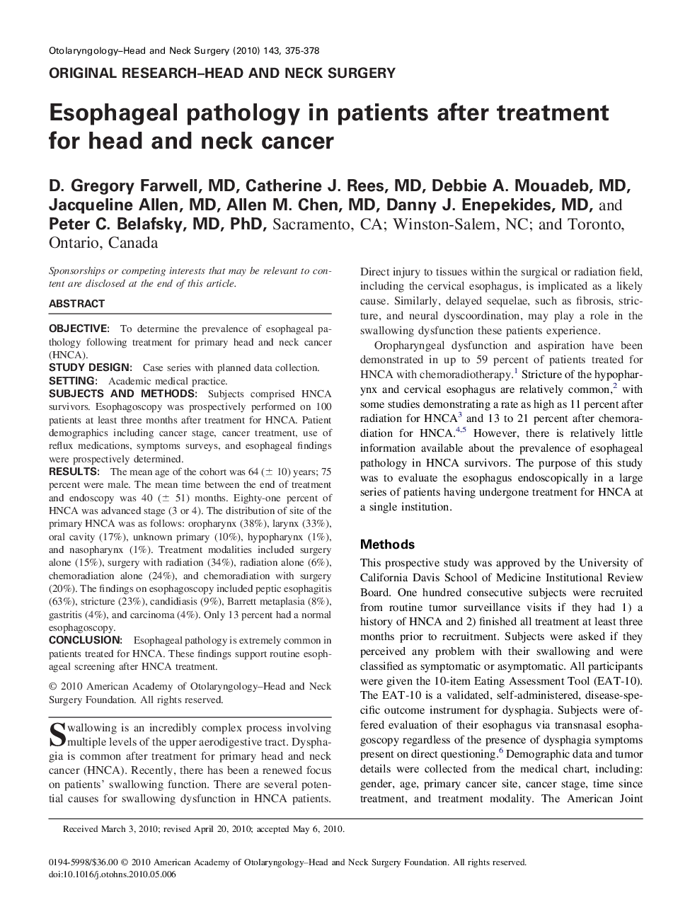 Esophageal pathology in patients after treatment for head and neck cancer