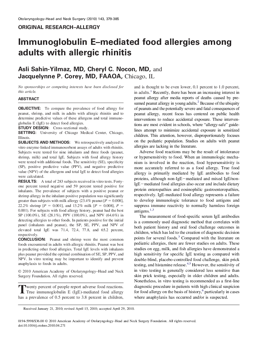 عکس صفحه اول مقاله: Immunoglobulin E-mediated food allergies among adults with allergic rhinitis Immunoglobulin E-mediated food allergies among adults with allergic rhinitis