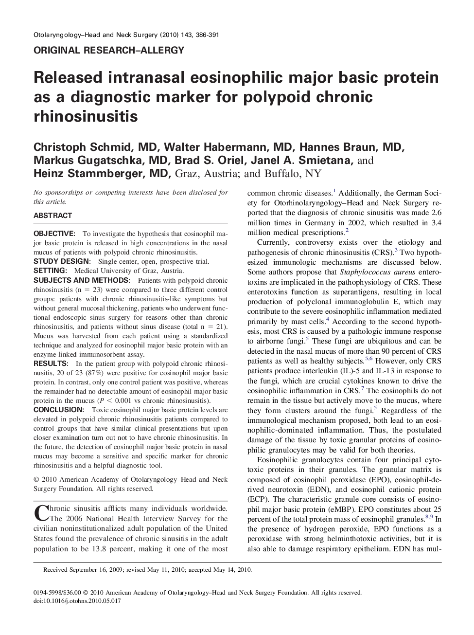 عکس صفحه اول مقاله: Released intranasal eosinophilic major basic protein as a diagnostic marker for polypoid chronic rhinosinusitis Released intranasal eosinophilic major basic protein as a diagnostic marker for polypoid chronic rhinosinusitis