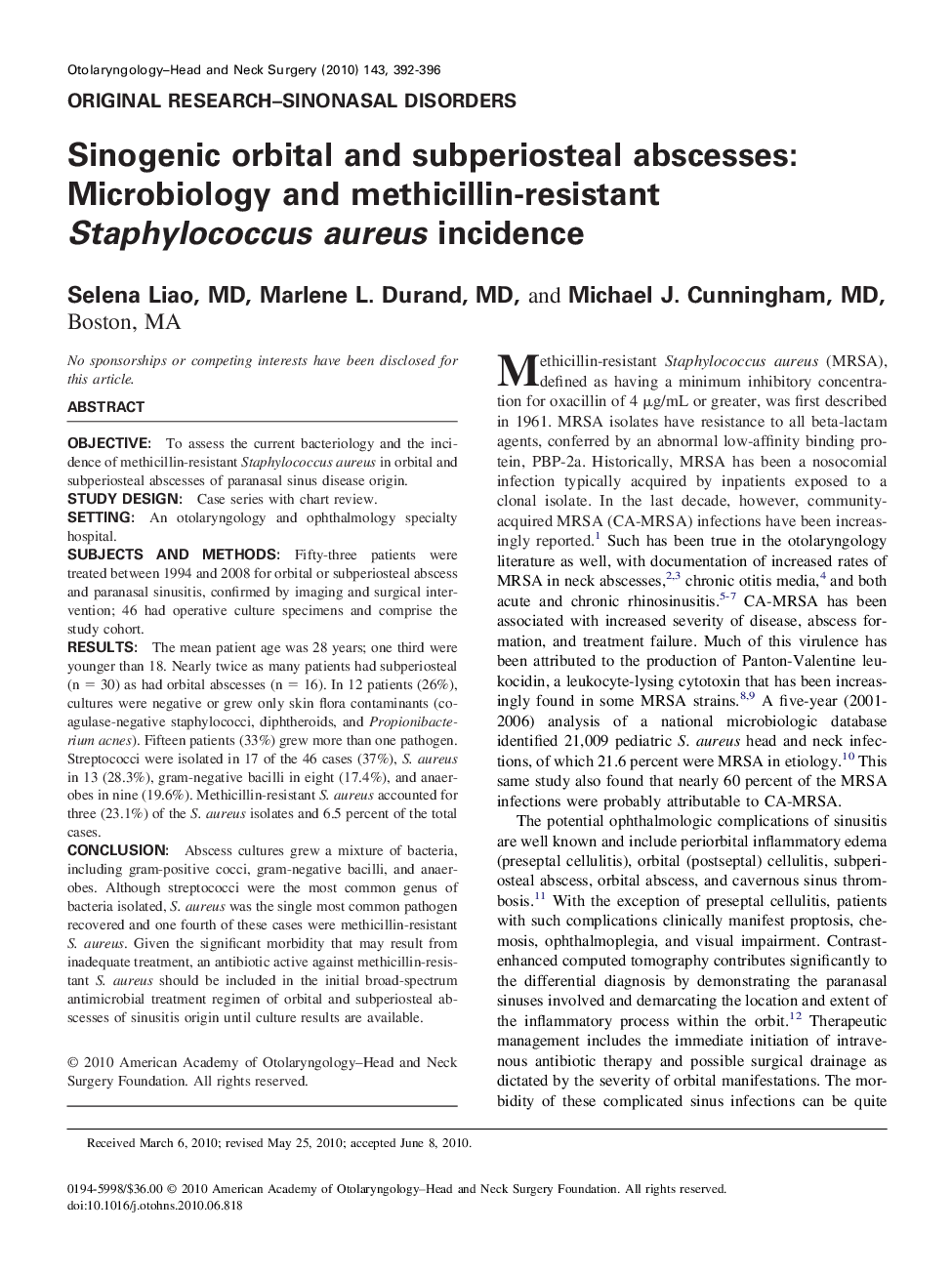 عکس صفحه اول مقاله: Sinogenic orbital and subperiosteal abscesses: Microbiology and methicillin-resistant Staphylococcus aureus incidence Sinogenic orbital and subperiosteal abscesses: Microbiology and methicillin-resistant Staphylococcus aureus incidence