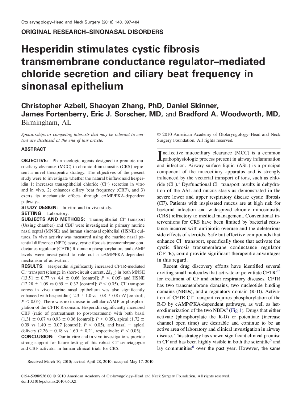 Hesperidin stimulates cystic fibrosis transmembrane conductance regulator-mediated chloride secretion and ciliary beat frequency in sinonasal epithelium