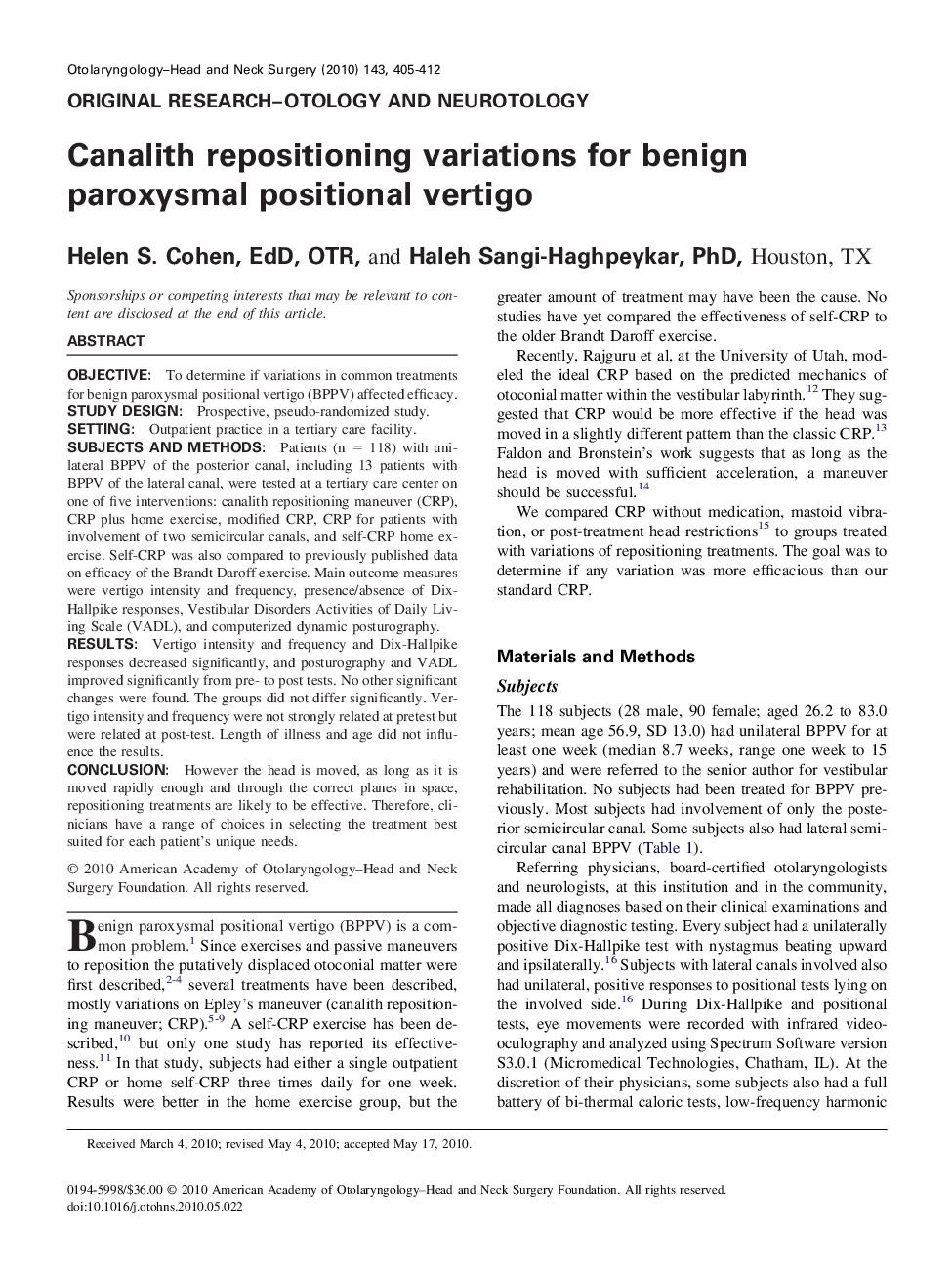 عکس صفحه اول مقاله: Canalith repositioning variations for benign paroxysmal positional vertigo Canalith repositioning variations for benign paroxysmal positional vertigo