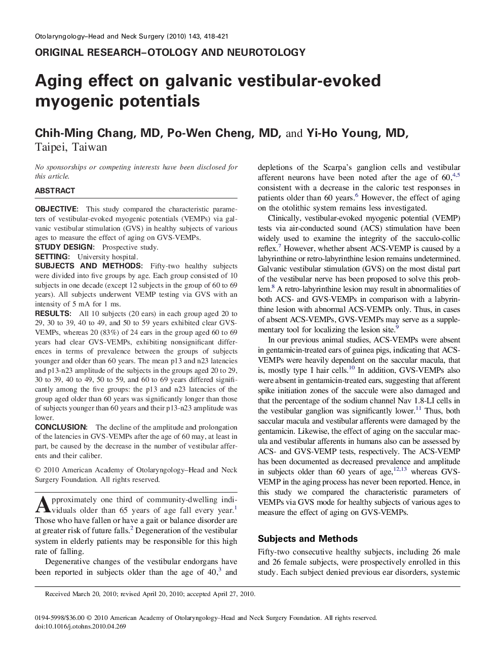 Aging effect on galvanic vestibular-evoked myogenic potentials