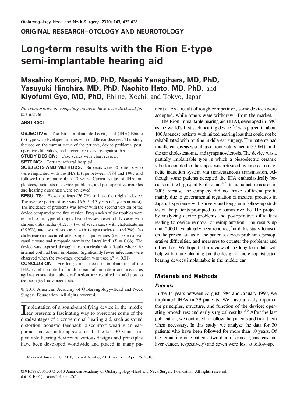 عکس صفحه اول مقاله: Long-term results with the Rion E-type semi-implantable hearing aid Long-term results with the Rion E-type semi-implantable hearing aid