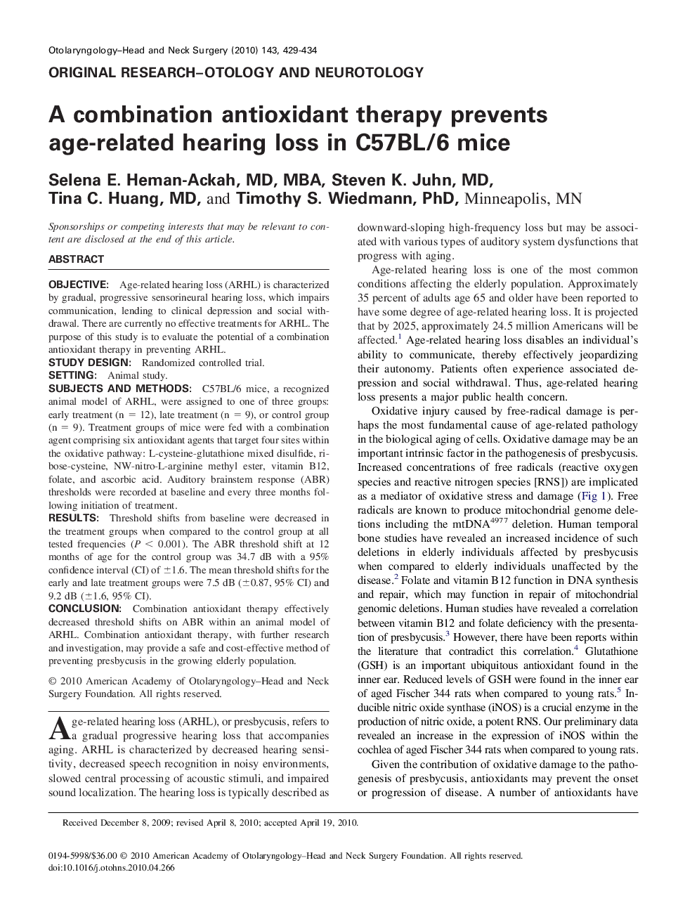A combination antioxidant therapy prevents age-related hearing loss in C57BL/6 mice