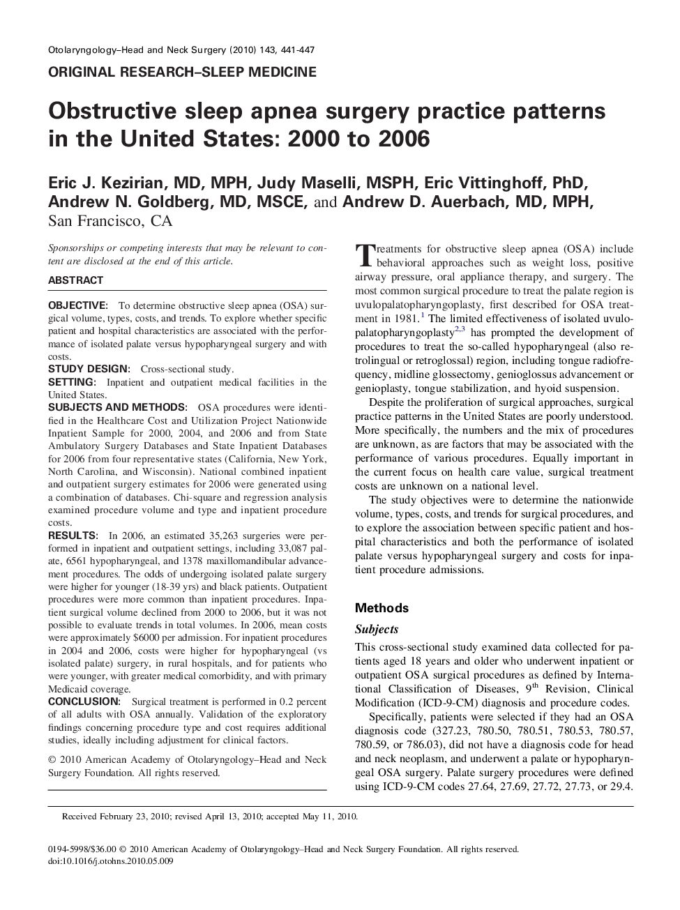 Obstructive sleep apnea surgery practice patterns in the United States: 2000 to 2006