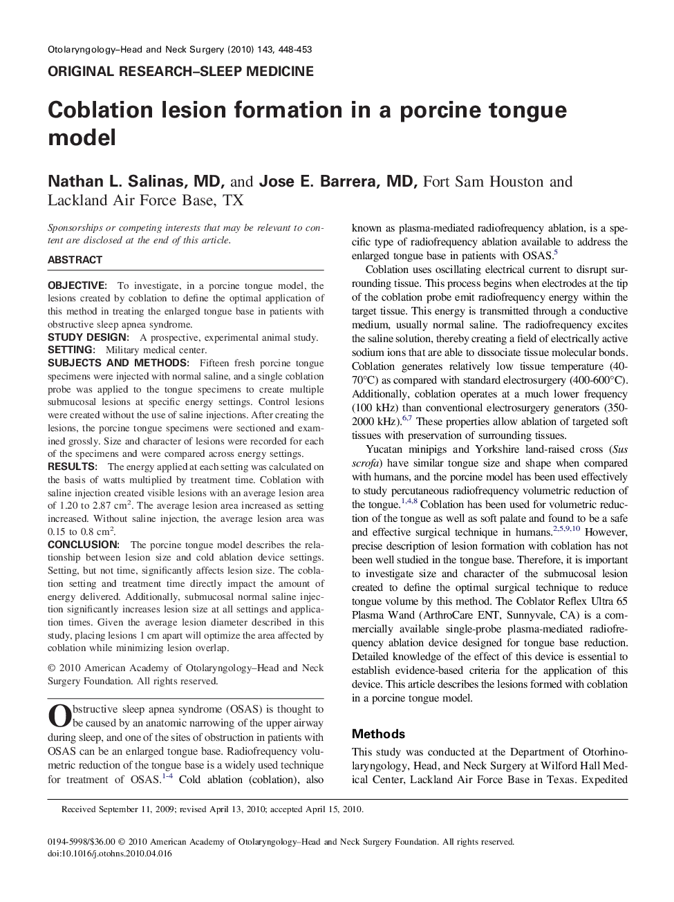 عکس صفحه اول مقاله: Coblation lesion formation in a porcine tongue model Coblation lesion formation in a porcine tongue model