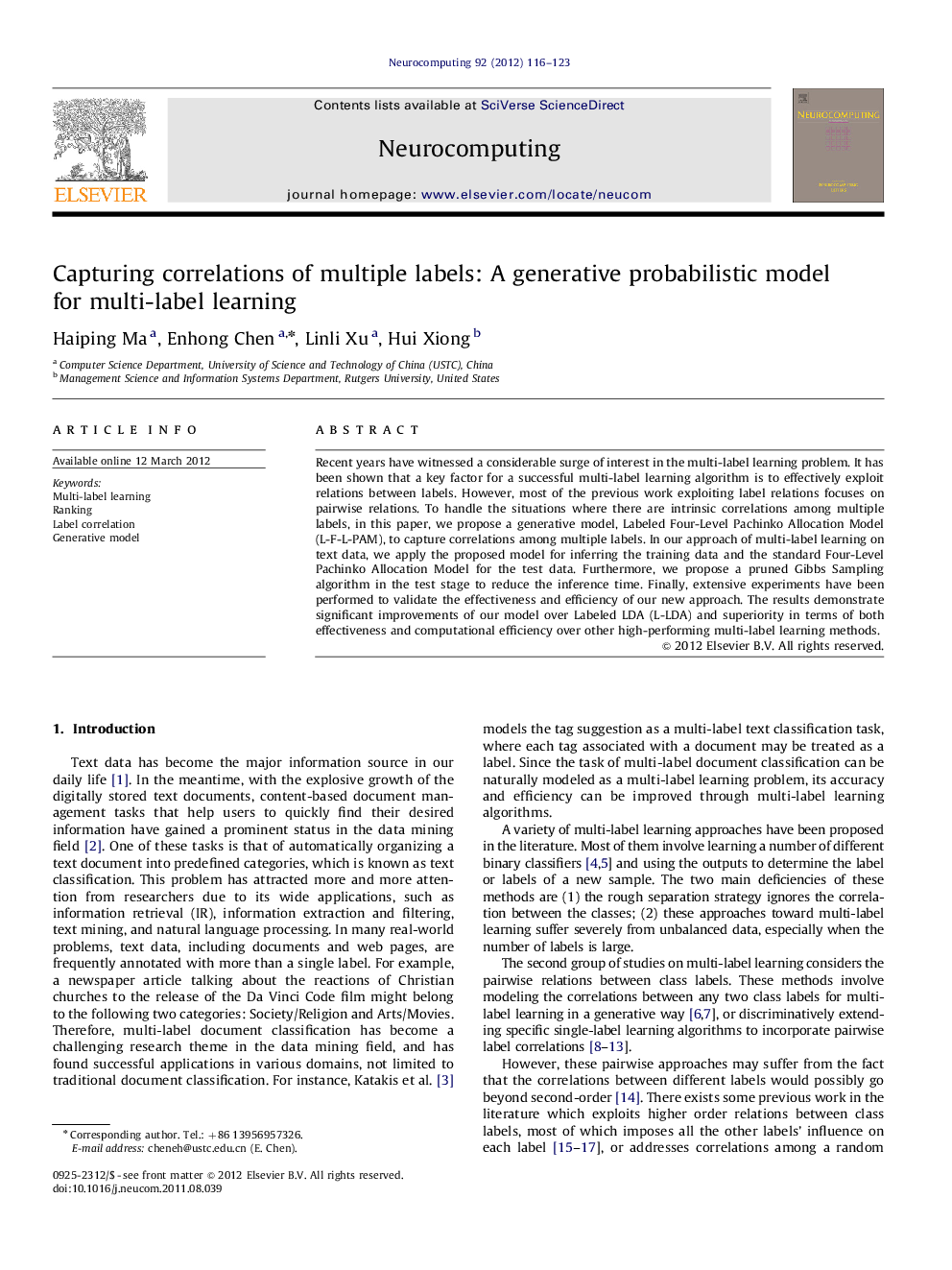 Capturing correlations of multiple labels: A generative probabilistic model for multi-label learning