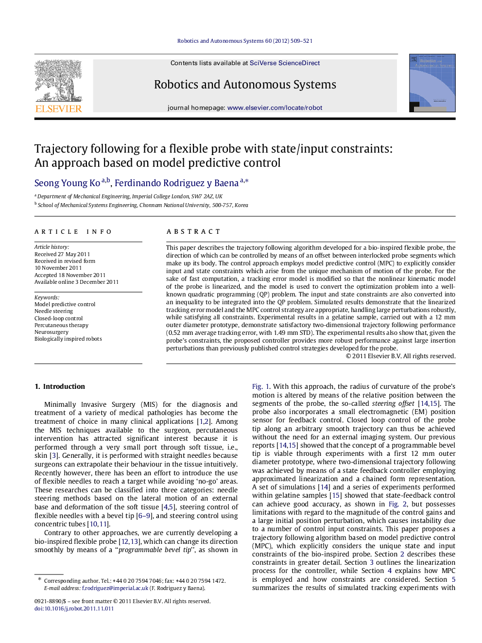 Trajectory following for a flexible probe with state/input constraints: An approach based on model predictive control