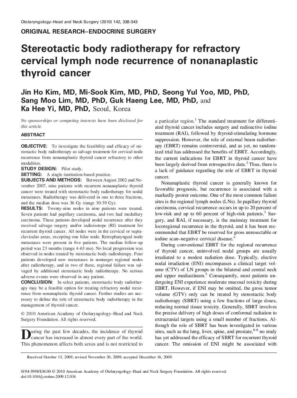 Stereotactic body radiotherapy for refractory cervical lymph node recurrence of nonanaplastic thyroid cancer