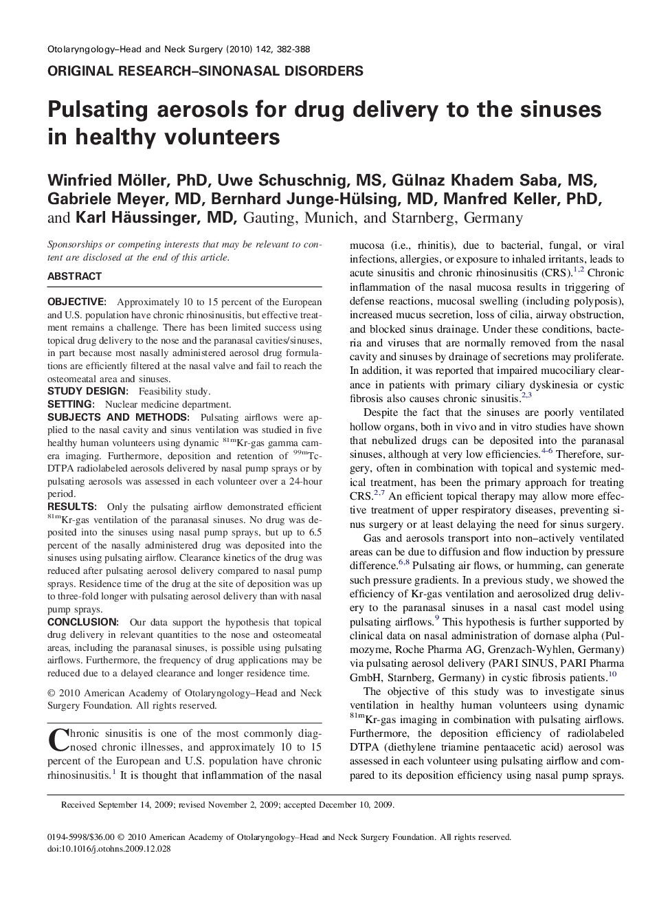 عکس صفحه اول مقاله: Pulsating aerosols for drug delivery to the sinuses in healthy volunteers Pulsating aerosols for drug delivery to the sinuses in healthy volunteers