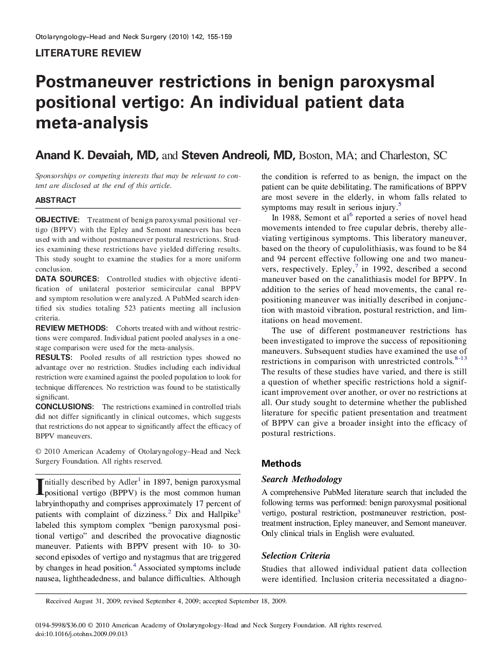 Postmaneuver restrictions in benign paroxysmal positional vertigo: An individual patient data meta-analysis