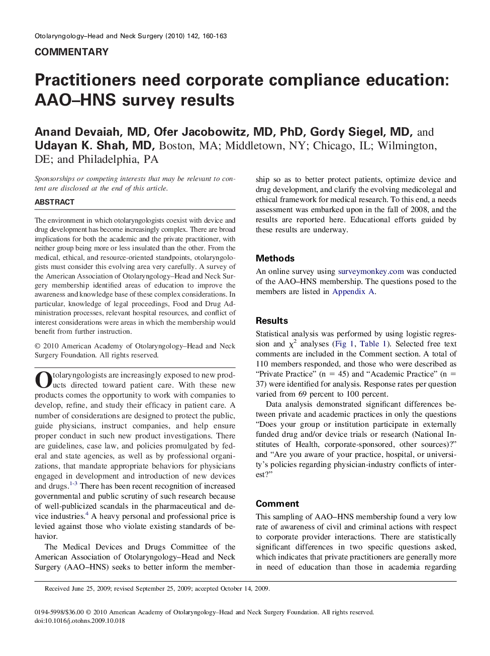 Practitioners need corporate compliance education: AAO-HNS survey results