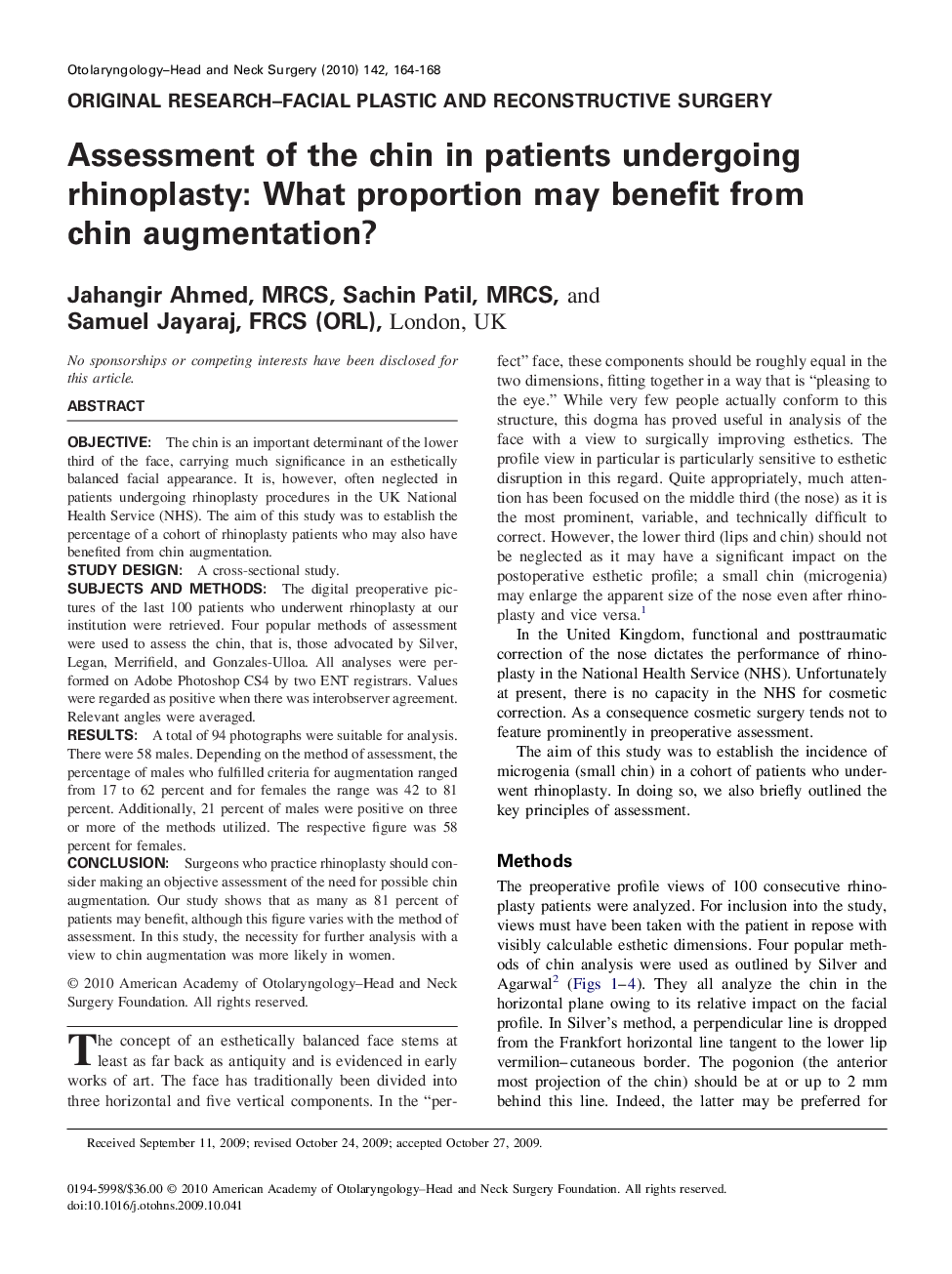 Assessment of the chin in patients undergoing rhinoplasty: What proportion may benefit from chin augmentation?
