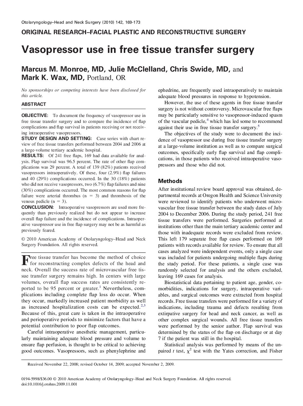 Vasopressor use in free tissue transfer surgery 
