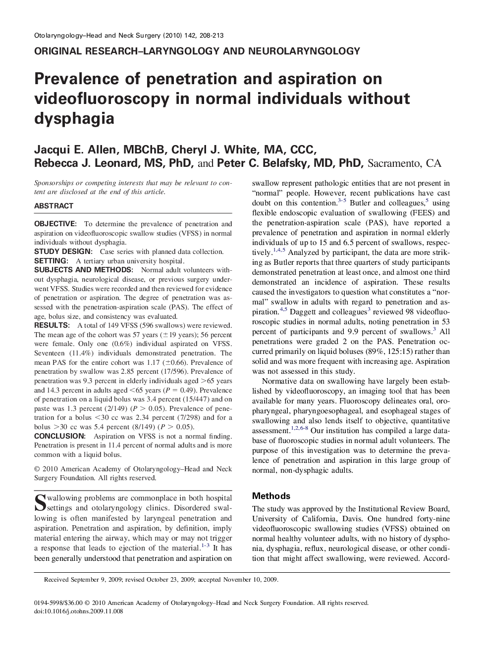 Prevalence of penetration and aspiration on videofluoroscopy in normal individuals without dysphagia
