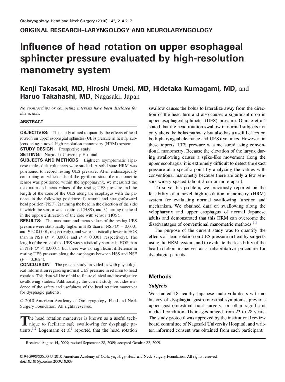 Influence of head rotation on upper esophageal sphincter pressure evaluated by high-resolution manometry system