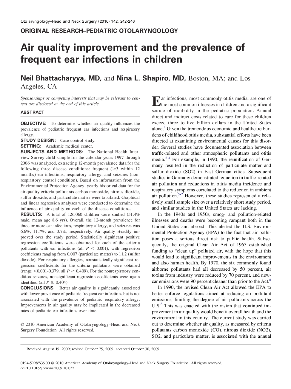 Air quality improvement and the prevalence of frequent ear infections in children