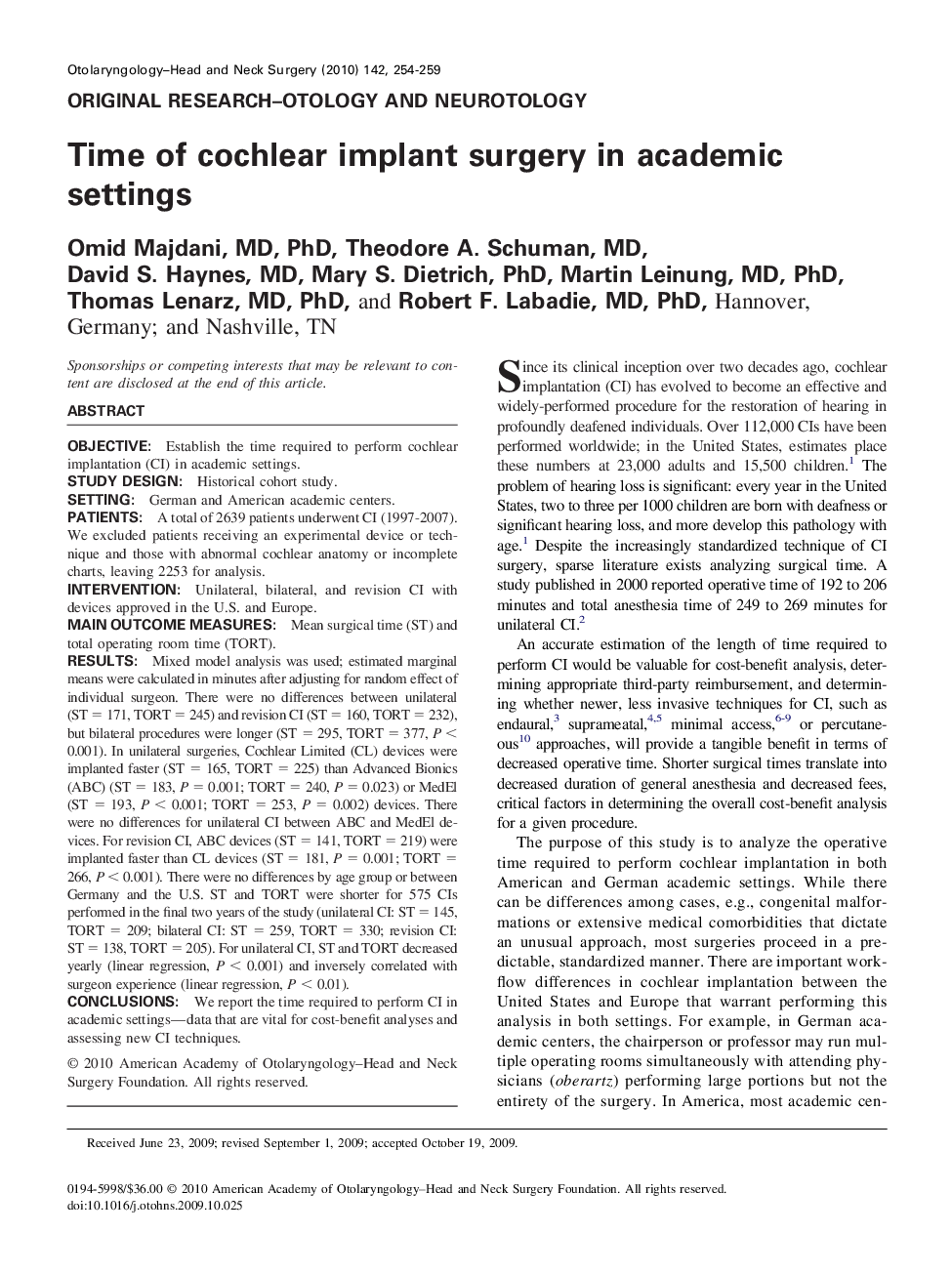 Time of cochlear implant surgery in academic settings