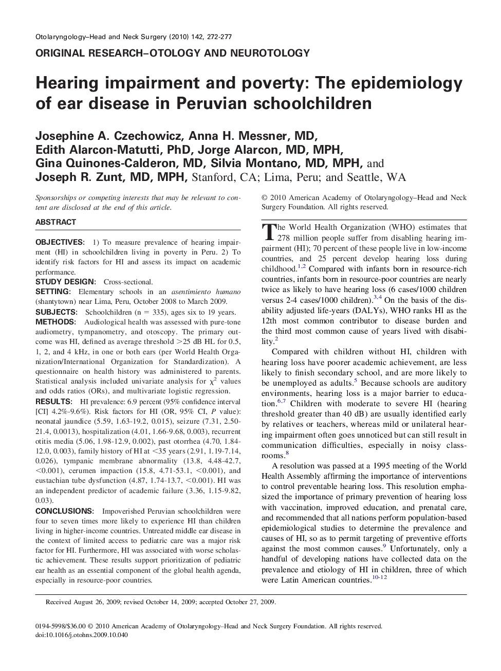 Hearing impairment and poverty: The epidemiology of ear disease in Peruvian schoolchildren 