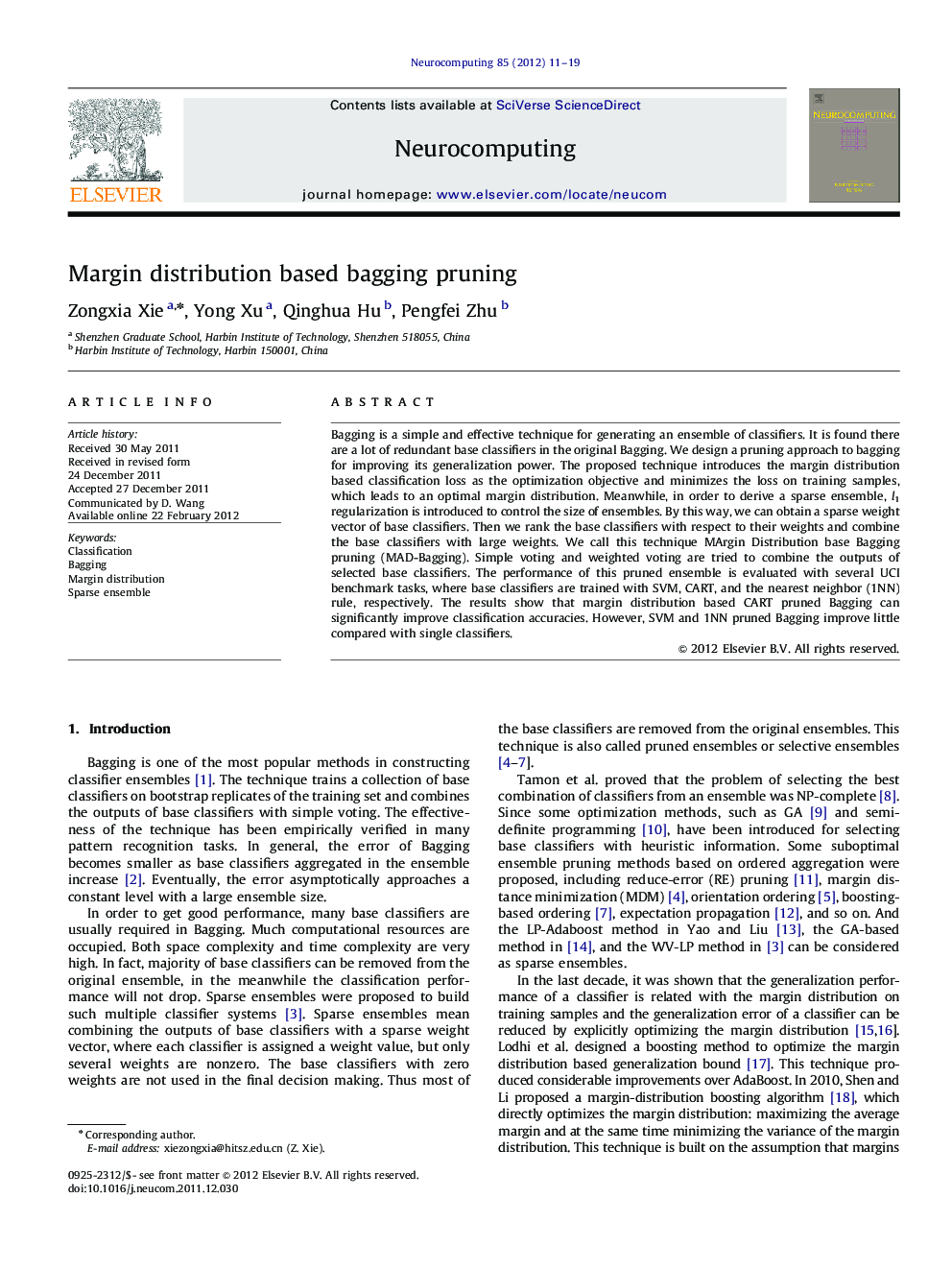 Margin distribution based bagging pruning