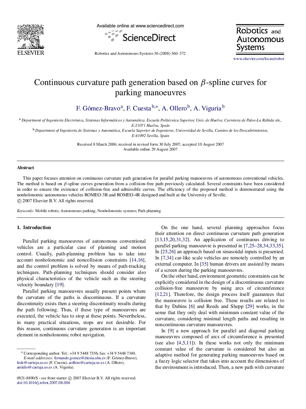 Continuous curvature path generation based on ββ-spline curves for parking manoeuvres