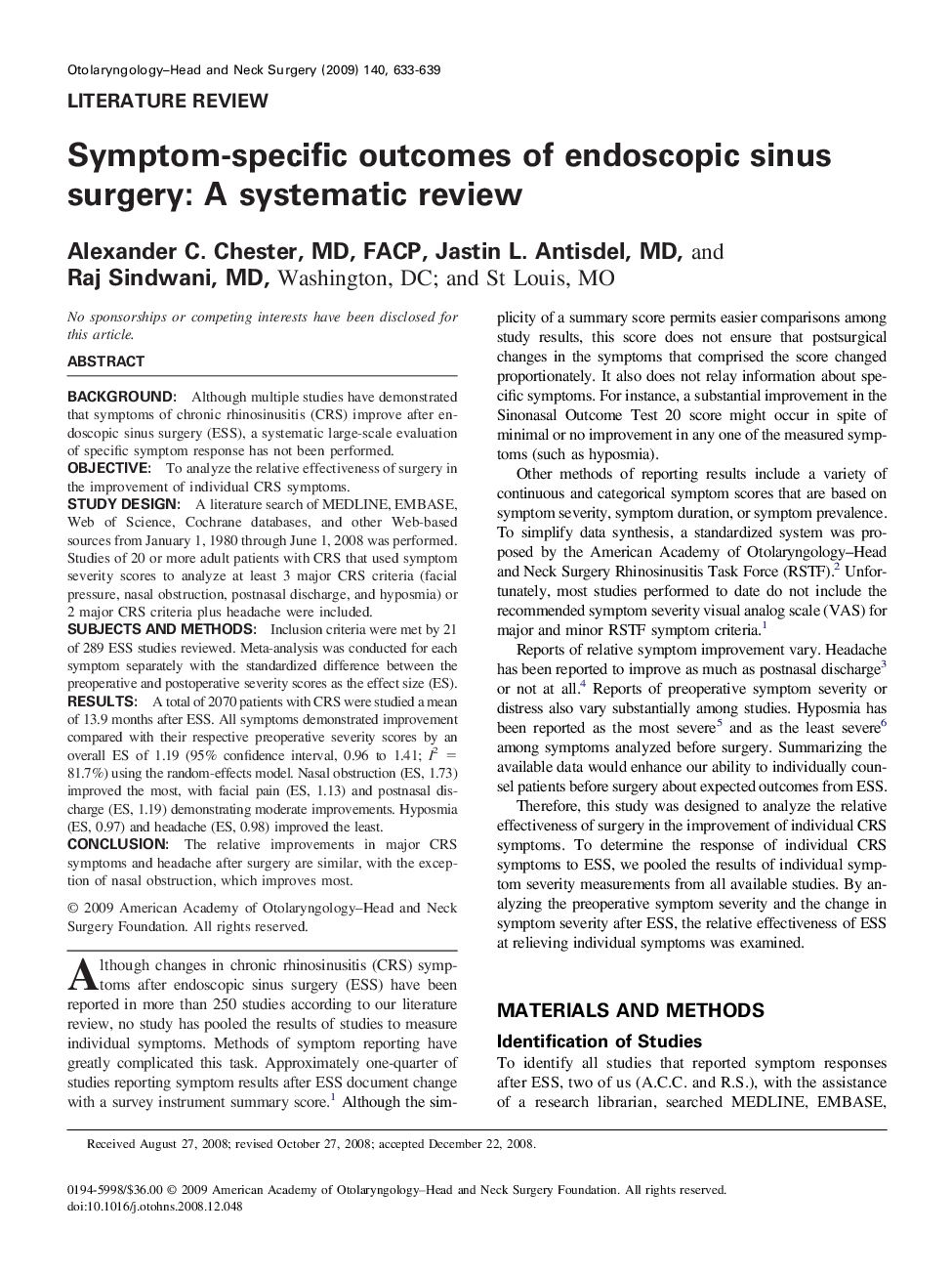 عکس صفحه اول مقاله: Symptom-specific outcomes of endoscopic sinus surgery: A systematic review Symptom-specific outcomes of endoscopic sinus surgery: A systematic review