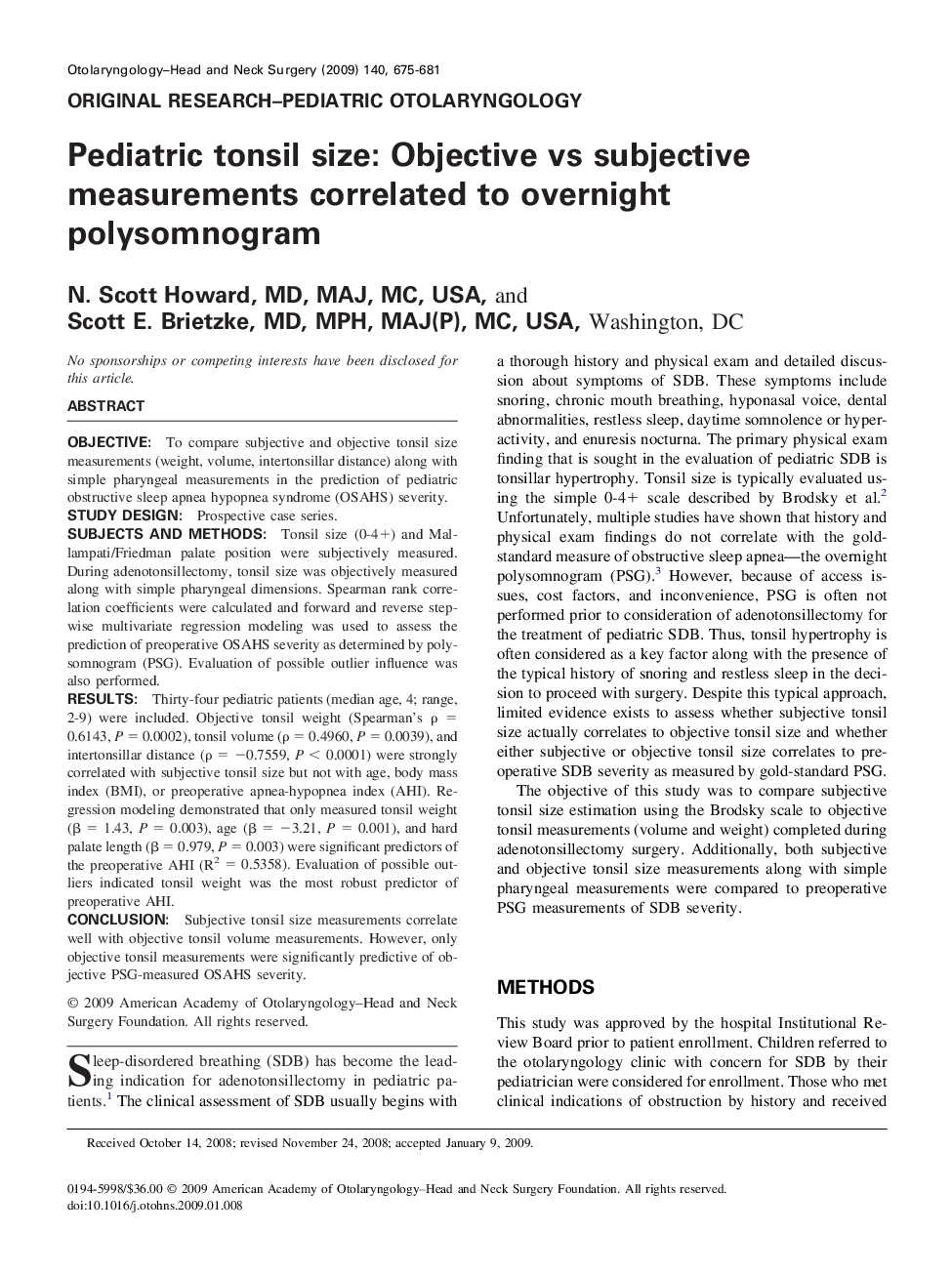 عکس صفحه اول مقاله: Pediatric tonsil size: Objective vs subjective measurements correlated to overnight polysomnogram Pediatric tonsil size: Objective vs subjective measurements correlated to overnight polysomnogram