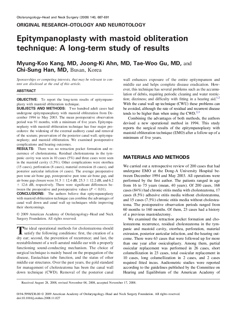 عکس صفحه اول مقاله: Epitympanoplasty with mastoid obliteration technique: A long-term study of results Epitympanoplasty with mastoid obliteration technique: A long-term study of results