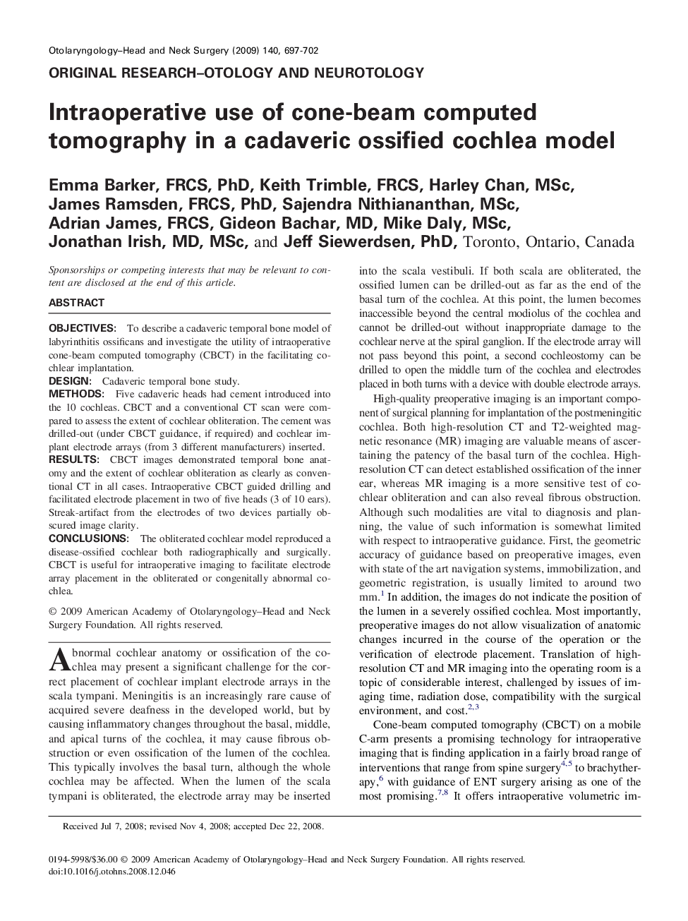 عکس صفحه اول مقاله: Intraoperative use of cone-beam computed tomography in a cadaveric ossified cochlea model Intraoperative use of cone-beam computed tomography in a cadaveric ossified cochlea model