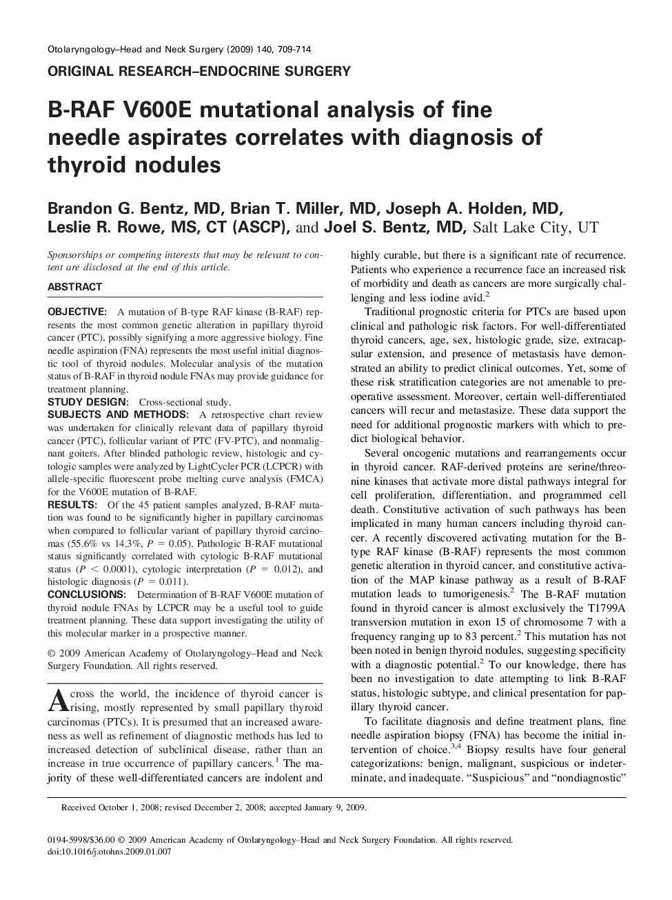 عکس صفحه اول مقاله: B-RAF V600E mutational analysis of fine needle aspirates correlates with diagnosis of thyroid nodules B-RAF V600E mutational analysis of fine needle aspirates correlates with diagnosis of thyroid nodules