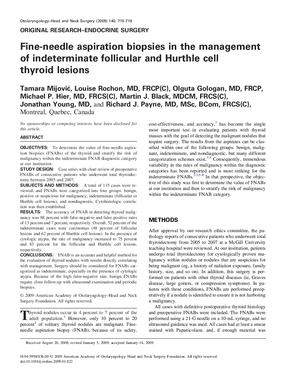 عکس صفحه اول مقاله: Fine-needle aspiration biopsies in the management of indeterminate follicular and Hurthle cell thyroid lesions Fine-needle aspiration biopsies in the management of indeterminate follicular and Hurthle cell thyroid lesions