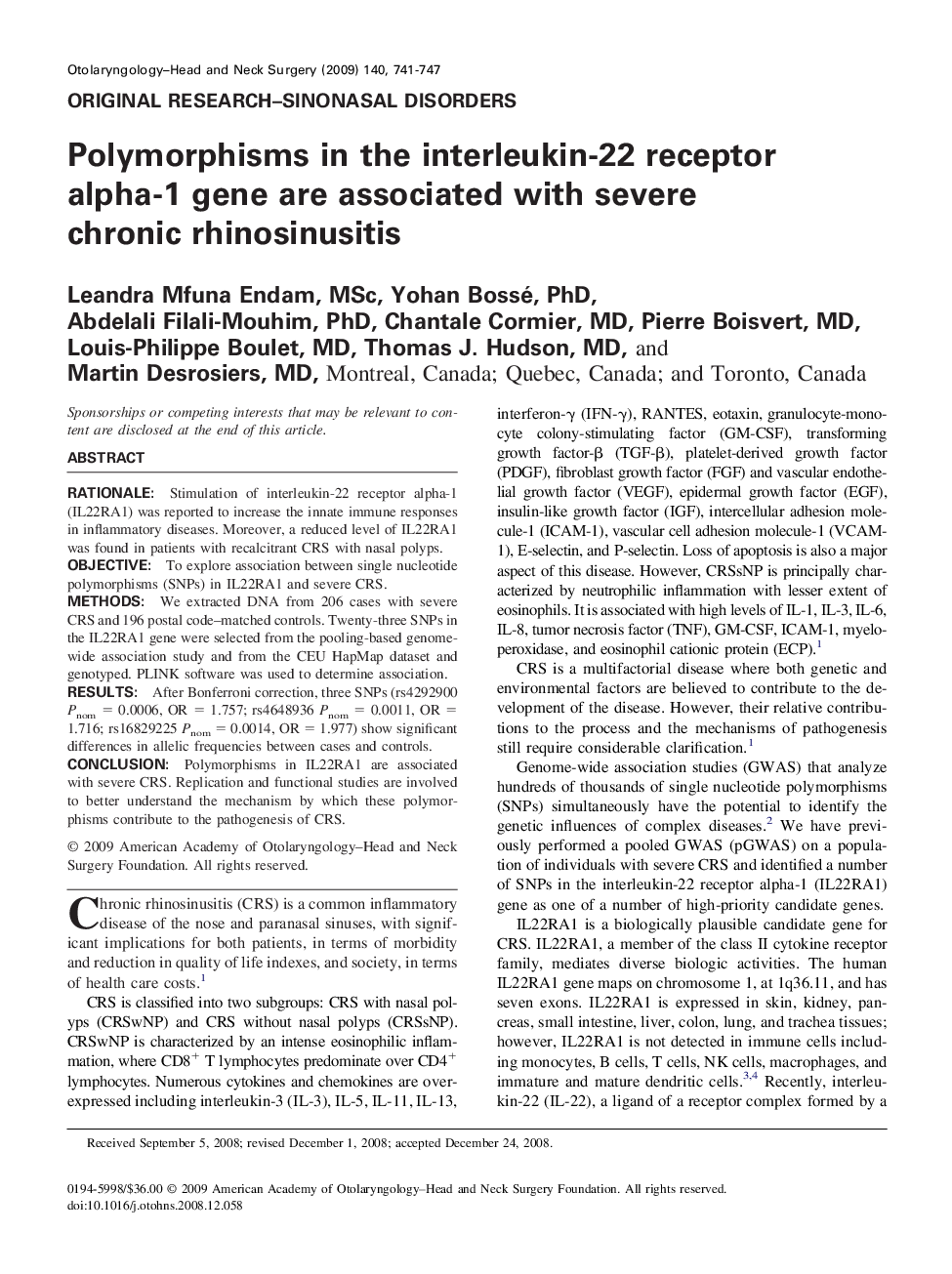 عکس صفحه اول مقاله: Polymorphisms in the interleukin-22 receptor alpha-1 gene are associated with severe chronic rhinosinusitis Polymorphisms in the interleukin-22 receptor alpha-1 gene are associated with severe chronic rhinosinusitis