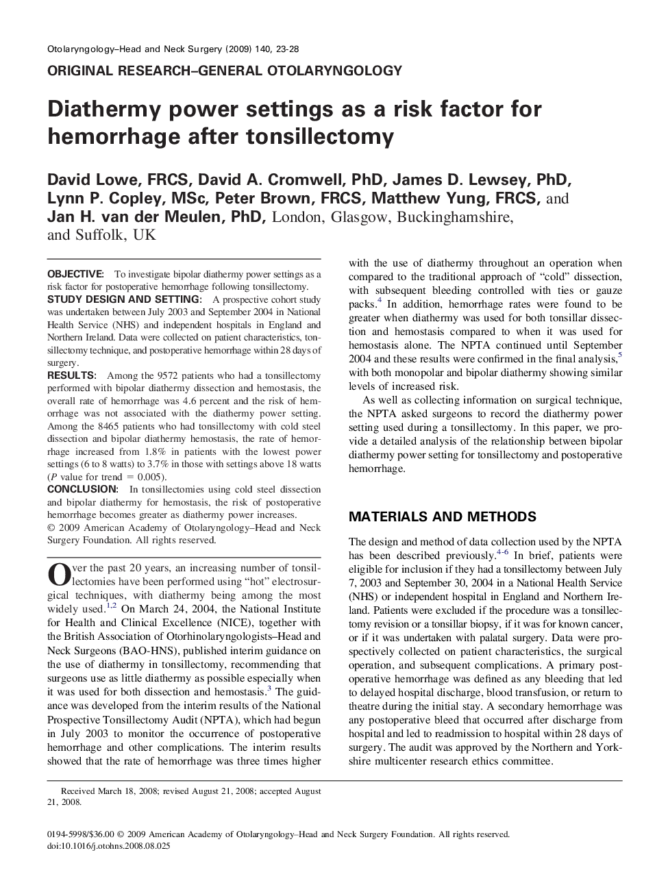Diathermy power settings as a risk factor for hemorrhage after tonsillectomy