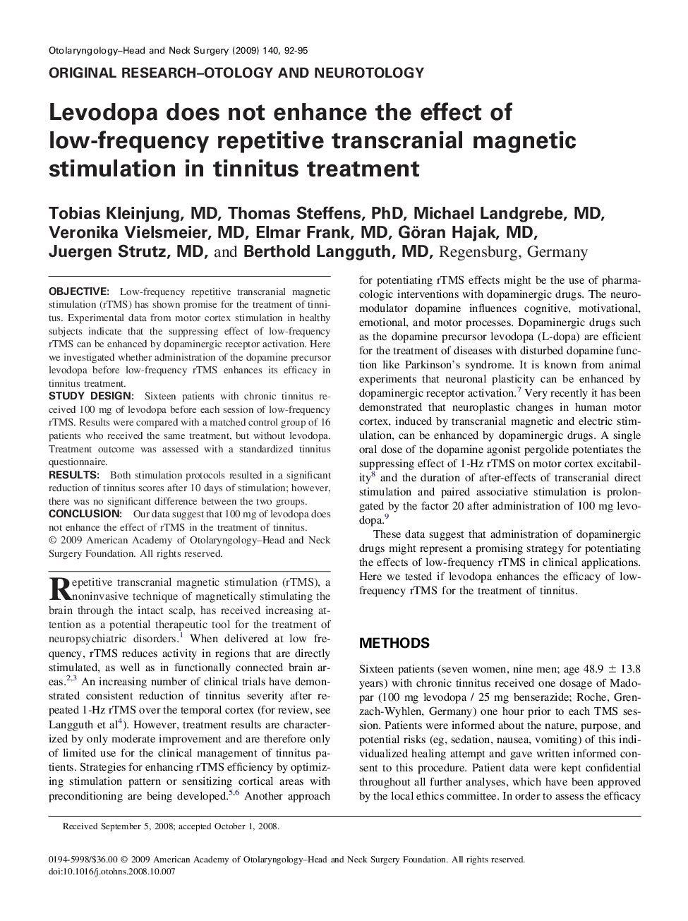 Levodopa does not enhance the effect of low-frequency repetitive transcranial magnetic stimulation in tinnitus treatment