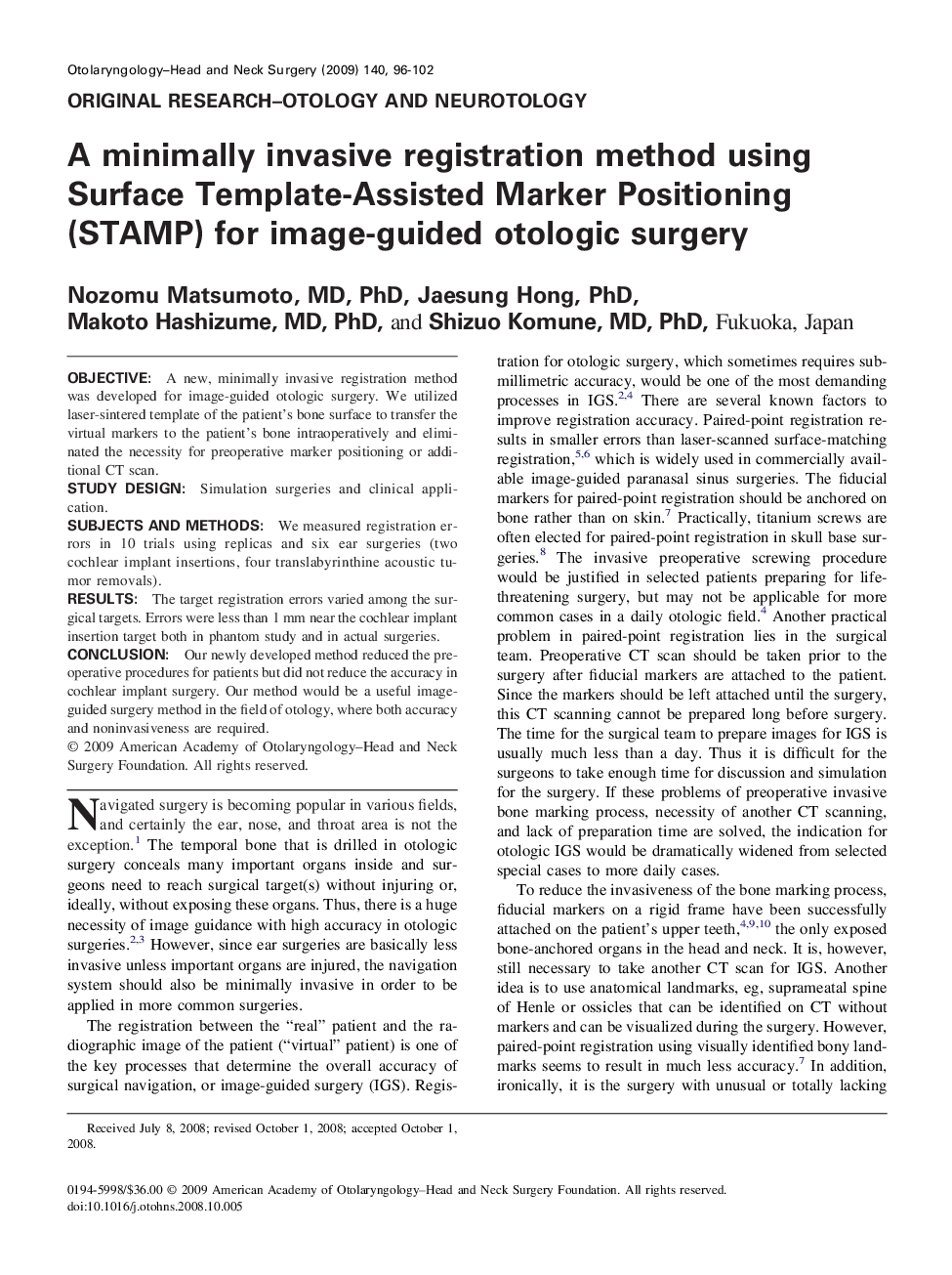 A minimally invasive registration method using Surface Template-Assisted Marker Positioning (STAMP) for image-guided otologic surgery
