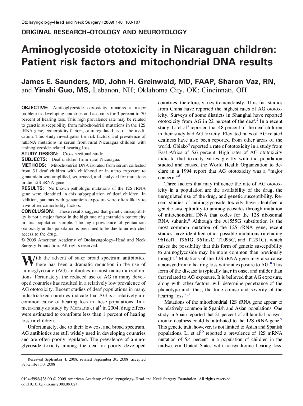 Aminoglycoside ototoxicity in Nicaraguan children: Patient risk factors and mitochondrial DNA results