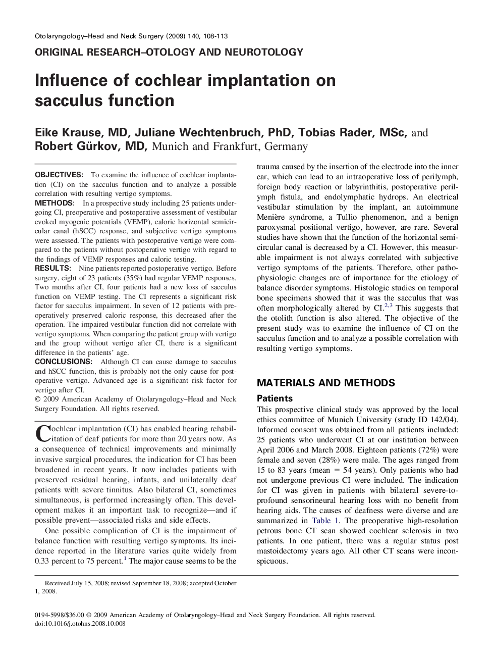 Influence of cochlear implantation on sacculus function