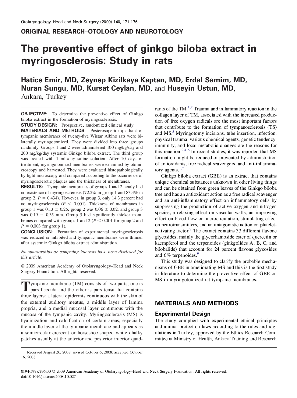 The preventive effect of ginkgo biloba extract in myringosclerosis: Study in rats