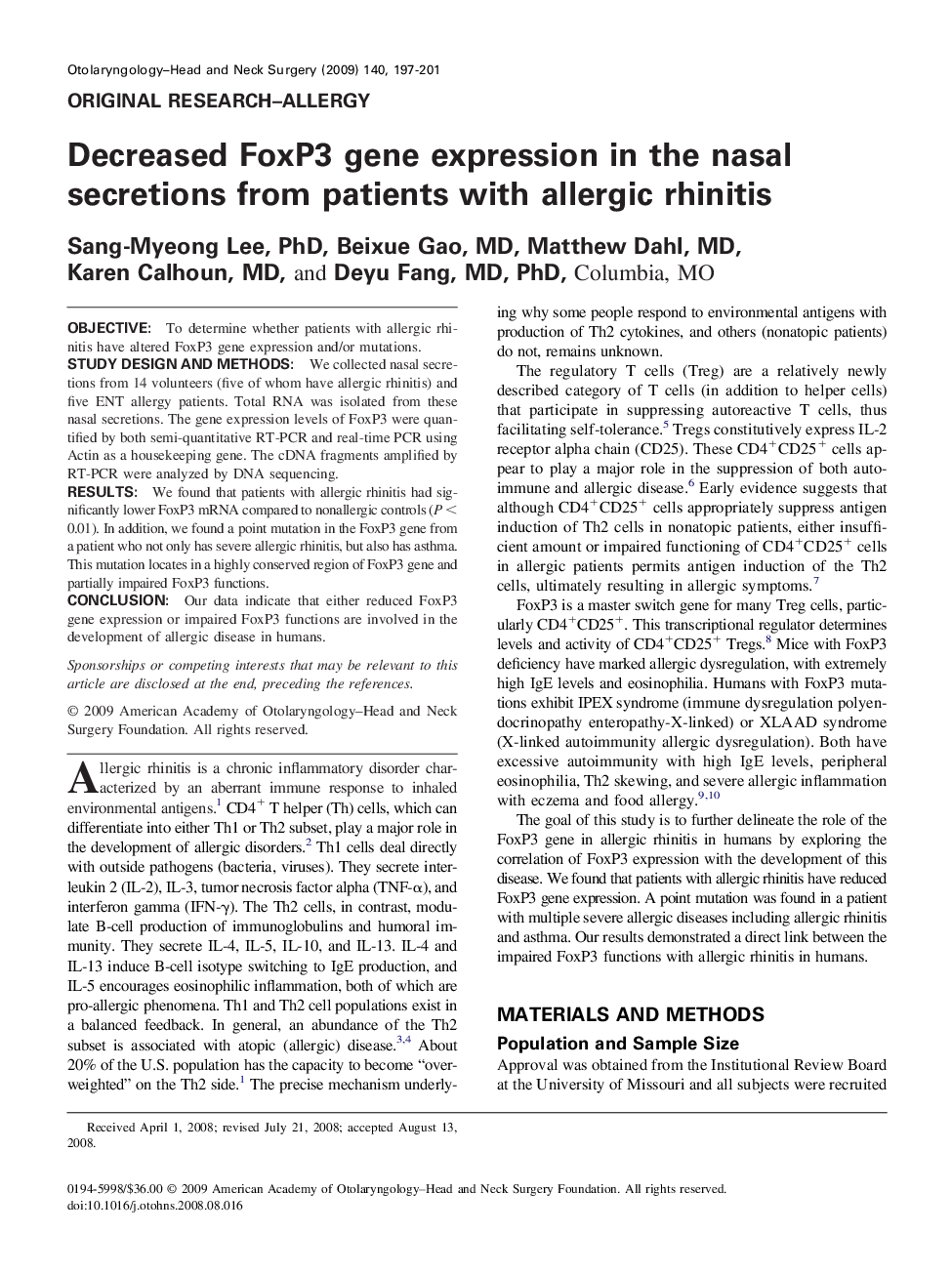 Decreased FoxP3 gene expression in the nasal secretions from patients with allergic rhinitis
