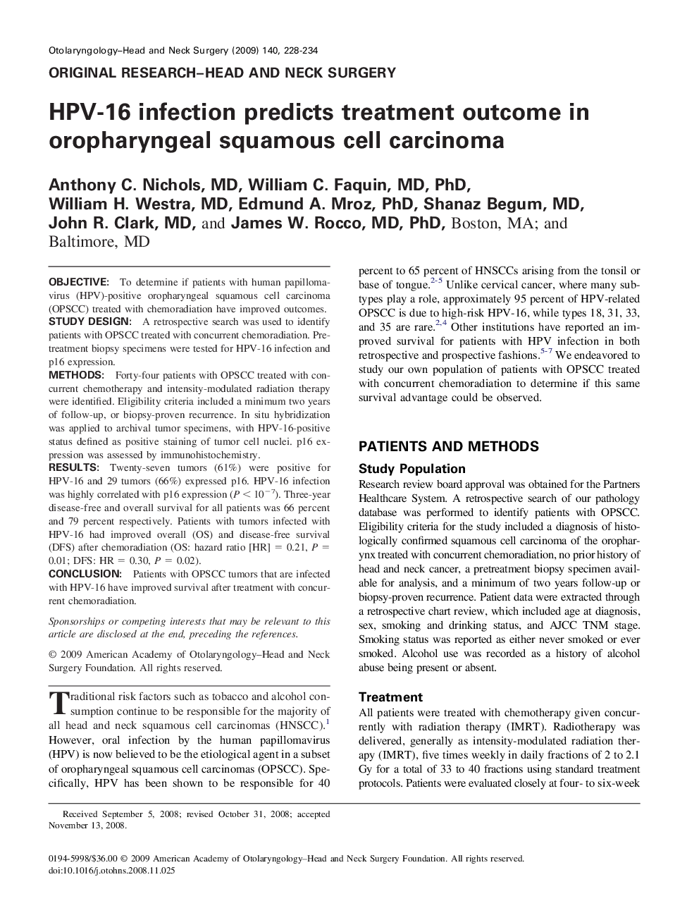 HPV-16 infection predicts treatment outcome in oropharyngeal squamous cell carcinoma