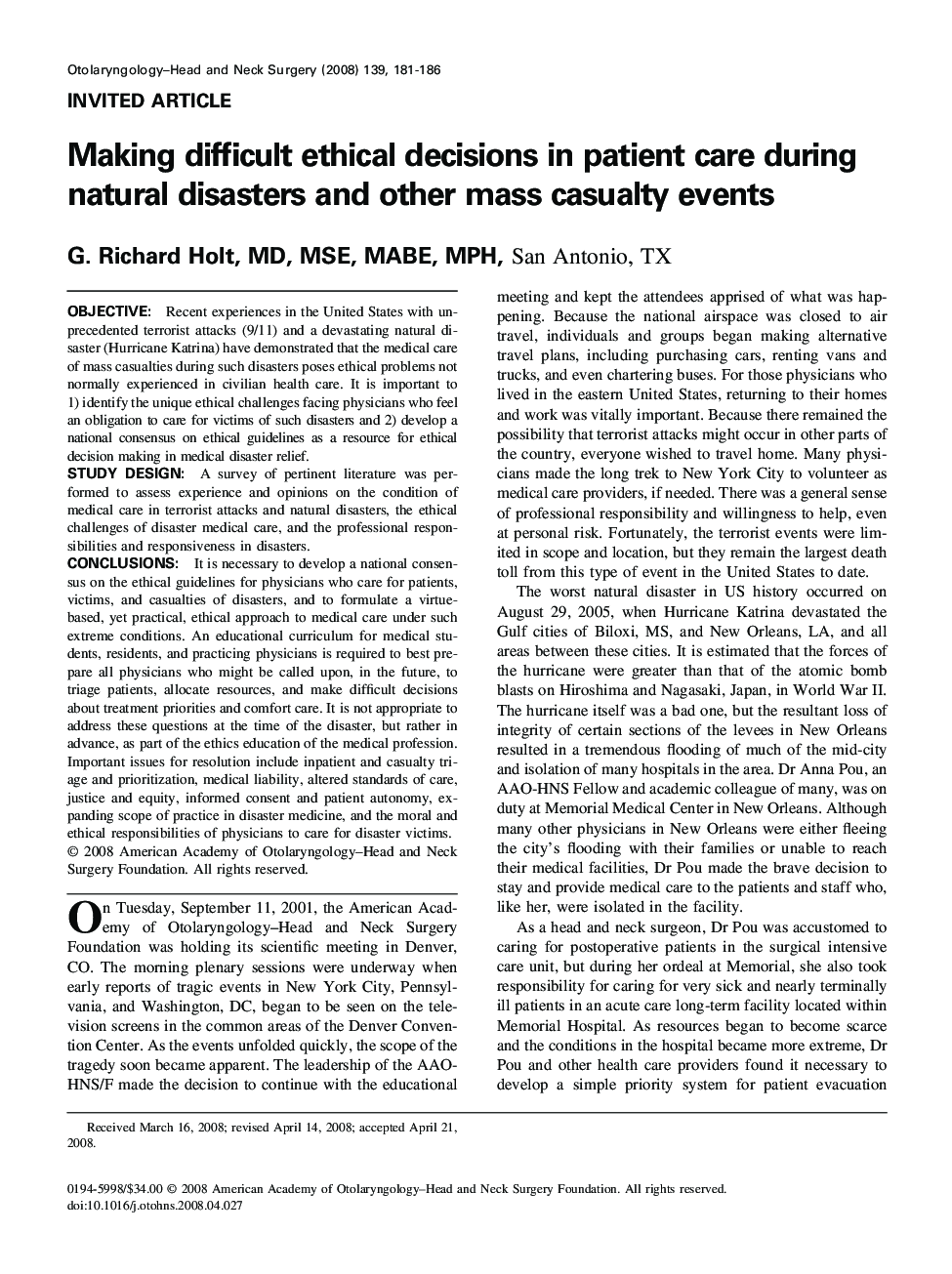Making difficult ethical decisions in patient care during natural disasters and other mass casualty events