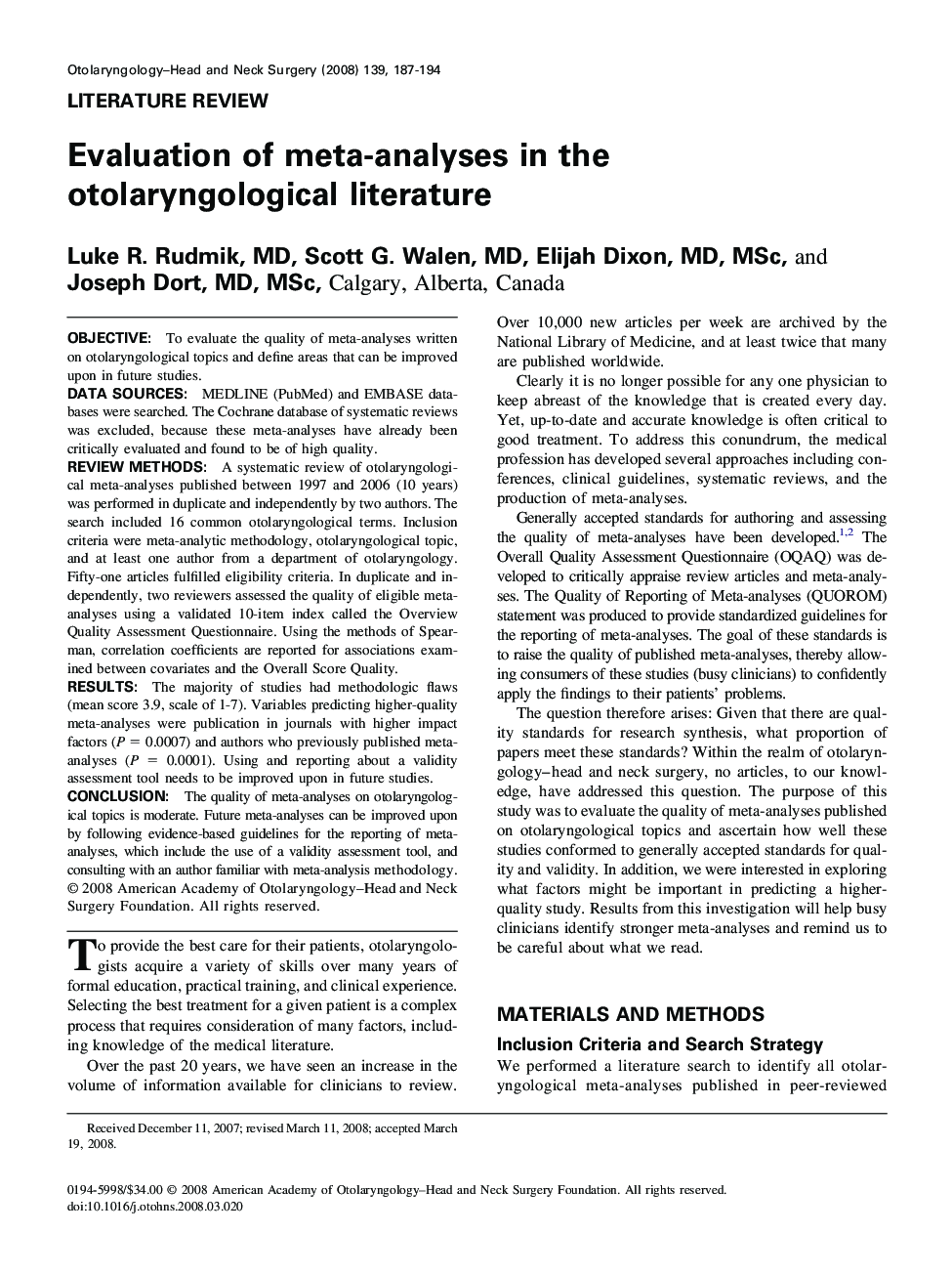 Evaluation of meta-analyses in the otolaryngological literature