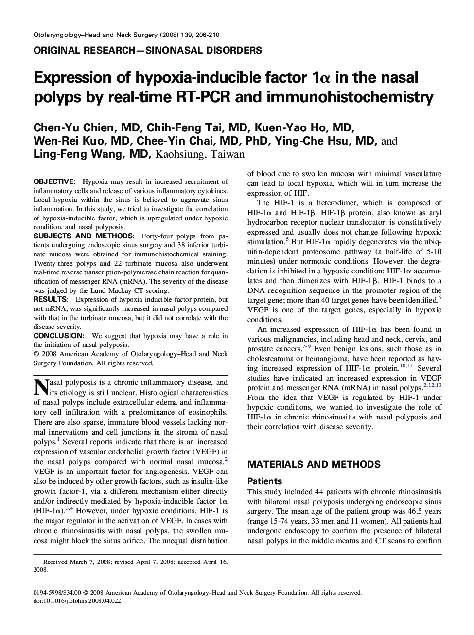 Expression of hypoxia-inducible factor 1Î± in the nasal polyps by real-time RT-PCR and immunohistochemistry