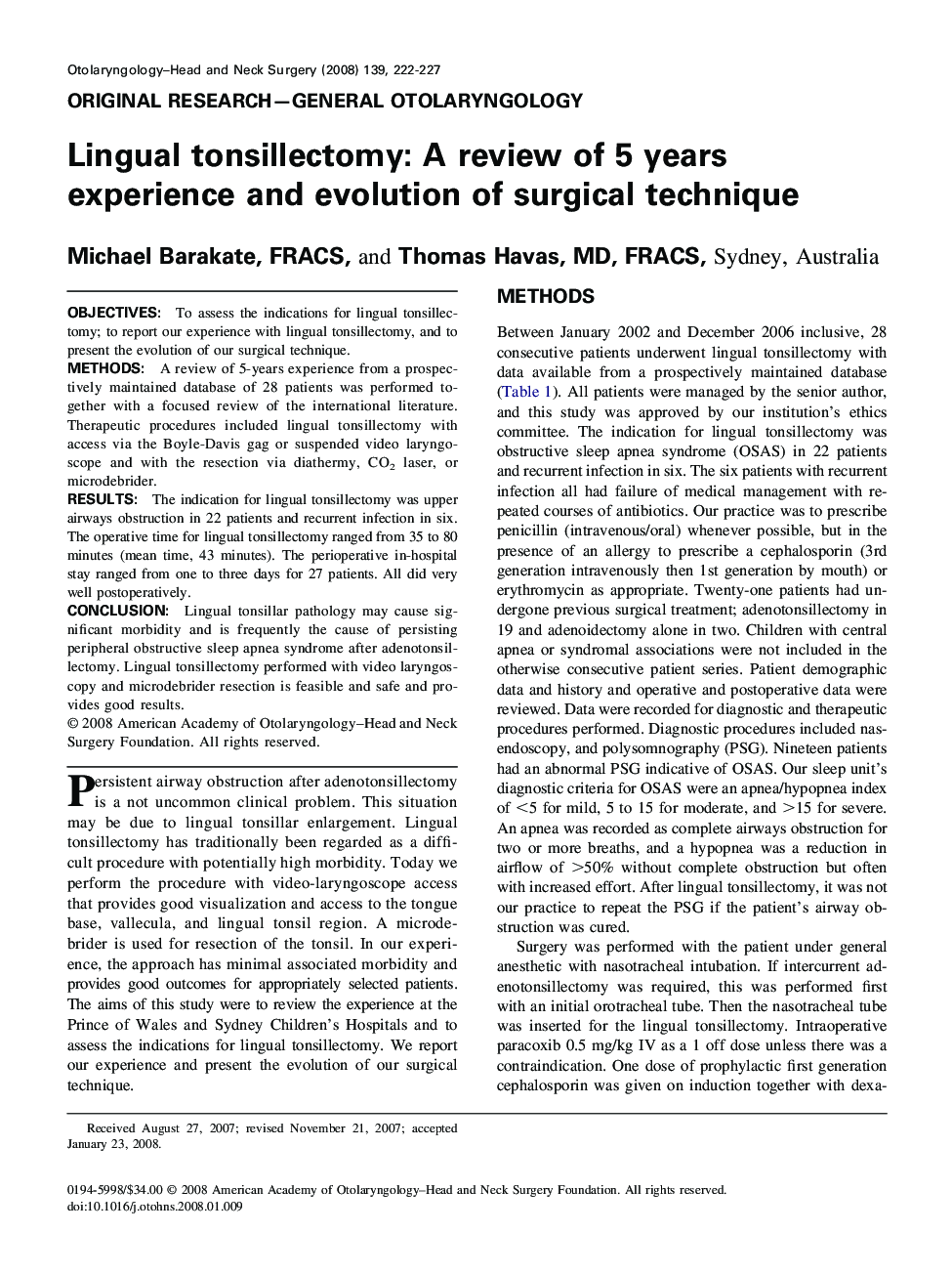 Lingual tonsillectomy: A review of 5 years experience and evolution of surgical technique