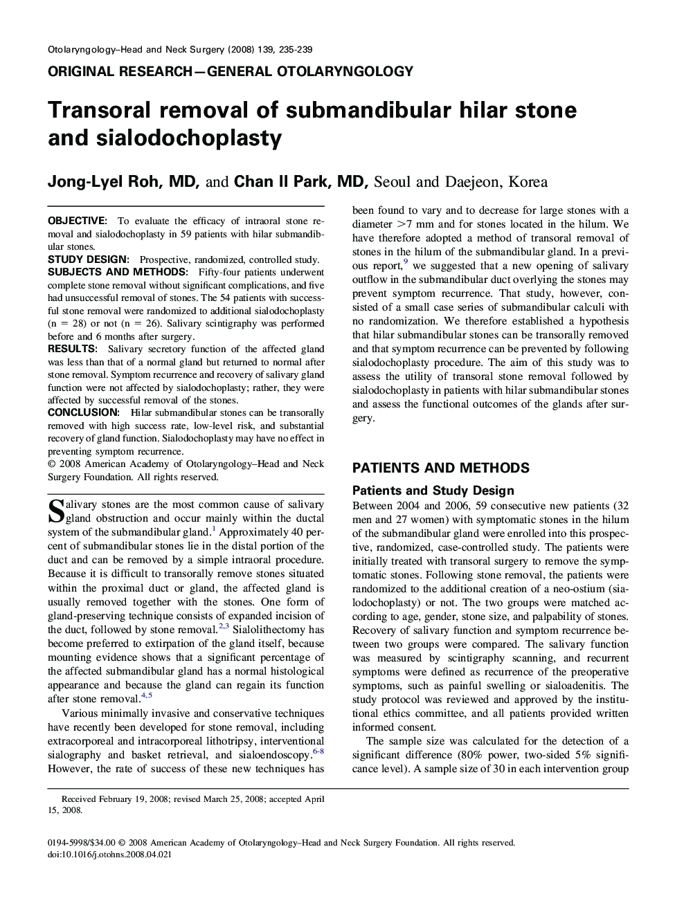 Transoral removal of submandibular hilar stone and sialodochoplasty