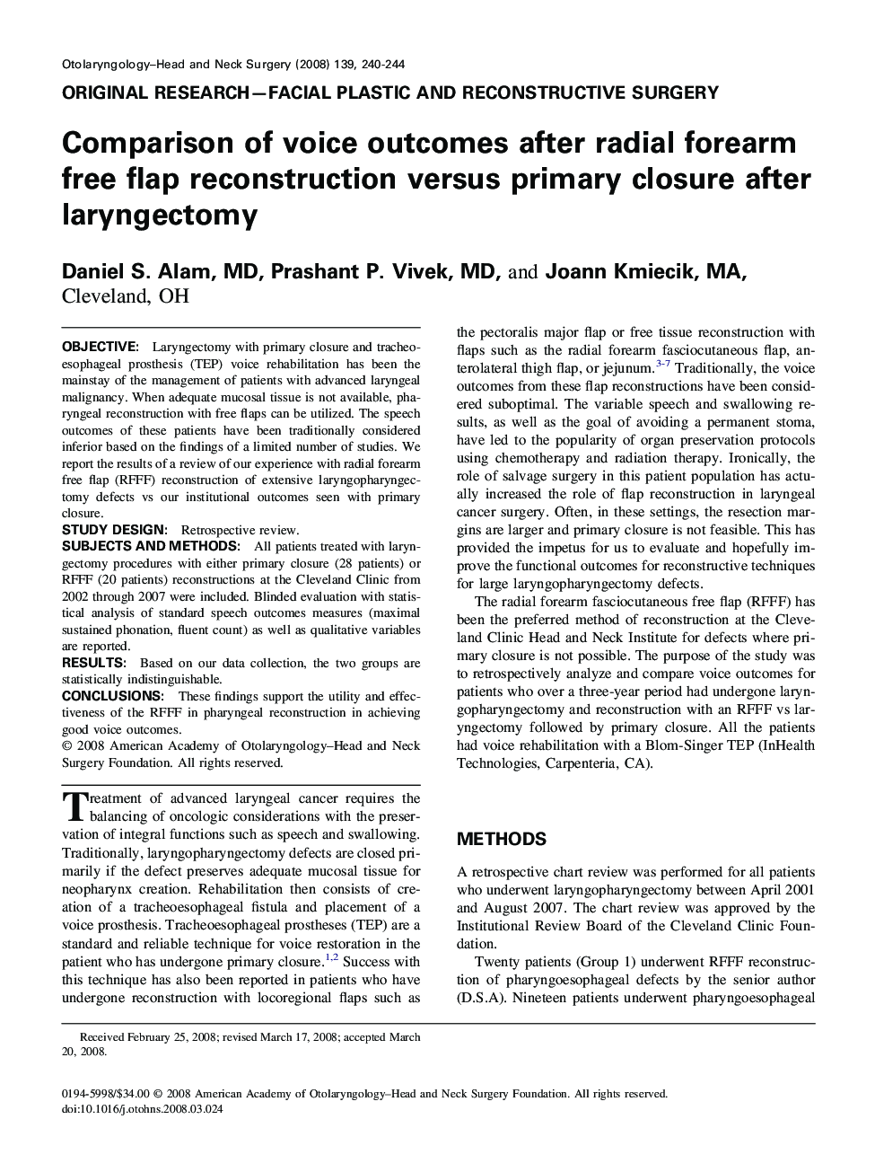 Comparison of voice outcomes after radial forearm free flap reconstruction versus primary closure after laryngectomy