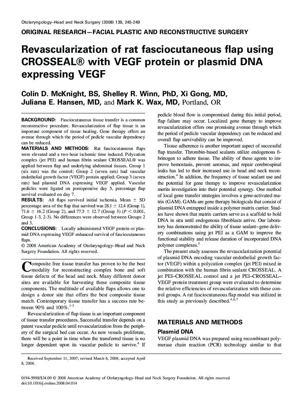 Revascularization of rat fasciocutaneous flap using CROSSEAL® with VEGF protein or plasmid DNA expressing VEGF
