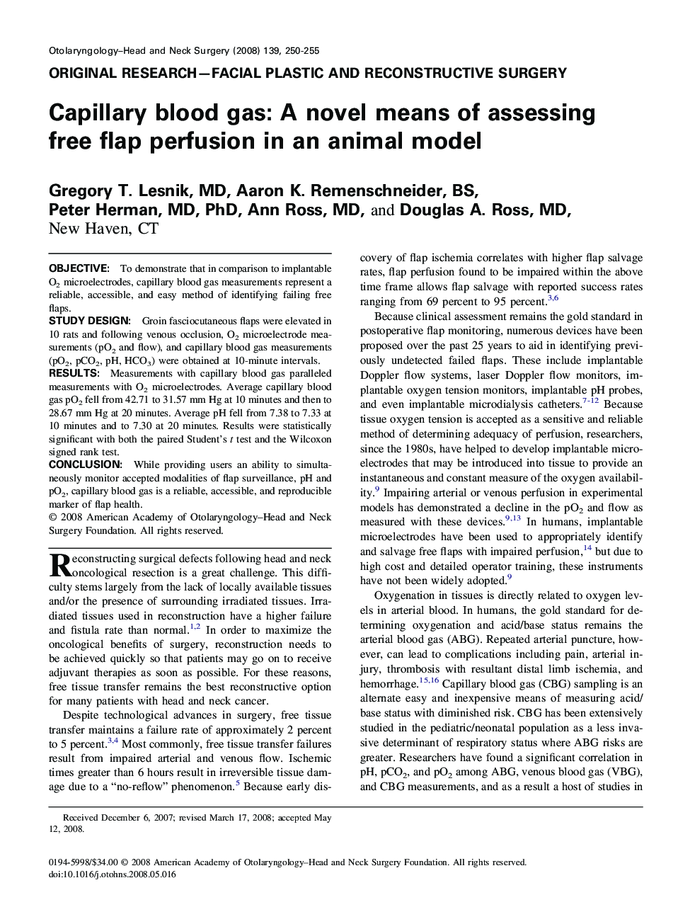 Capillary blood gas: A novel means of assessing free flap perfusion in an animal model